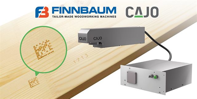 Laser Cajo Tailor CO₂ značí DataMatrix do dřevěného hranolu v lince Finnbaum